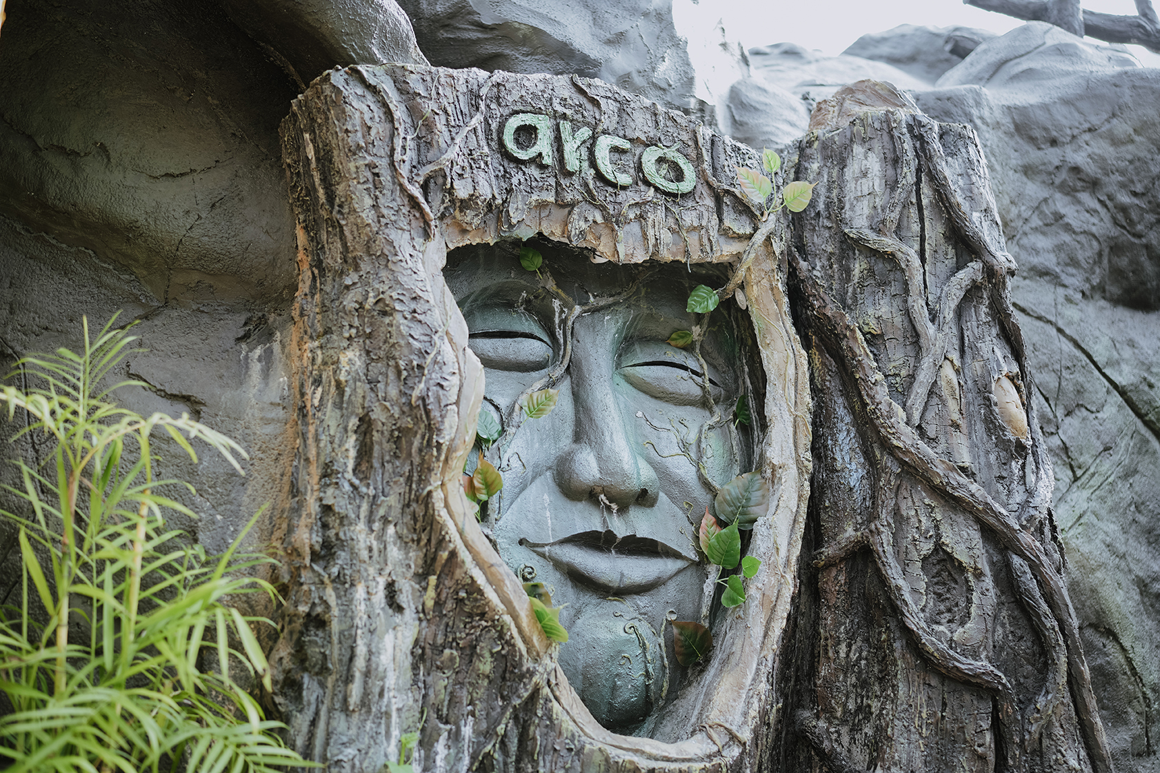 Horror cave entrance with a sculpted face at Arco Park ’N’ Resort, Kasaragod
