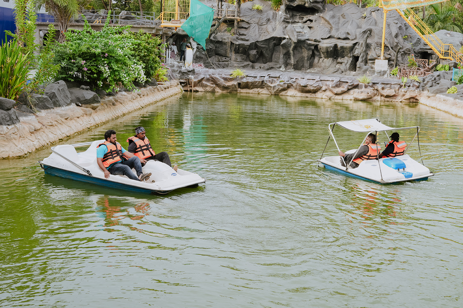 Pedal boats on the water at Arco Park ’N’ Resort, Kasaragod